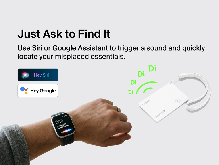 Belkin SureFind Card with wrist strap uses Siri or Google Assistant voice commands to trigger a sound and help locate misplaced essentials.
