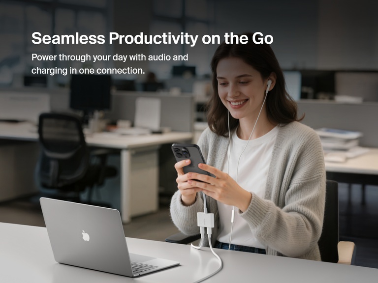 Smiling woman using the Belkin 3.5mm Audio + Charge RockStar™ to charge her iPhone and listen to music with wired earphones at her desk, demonstrating seamless productivity with audio and power in one connection.