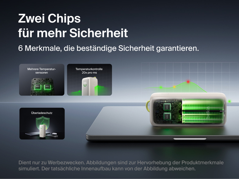 UltraCharge Powerbank 22K mit einziehbarem Kabel, zerlegt auf einem Laptop dargestellt, um das interne Dual-Chip-Design sichtbar zu machen. Es werden die Temperatursensoren, kontinuierliche Temperatur&uuml;berwachung und der &Uuml;berladungsschutz veranschaulicht.