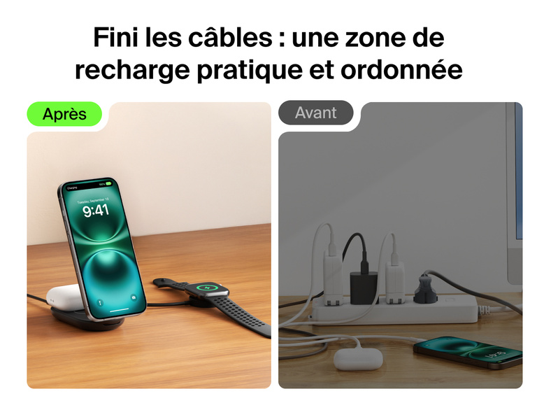 Socle de recharge 2-en-1 aimanté et pliable Belkin UltraCharge avec Qi2 25 W offrant une alternative aux cordons emmêlés et une recharge sans fil unique pour iPhone, AirPods et Apple Watch.