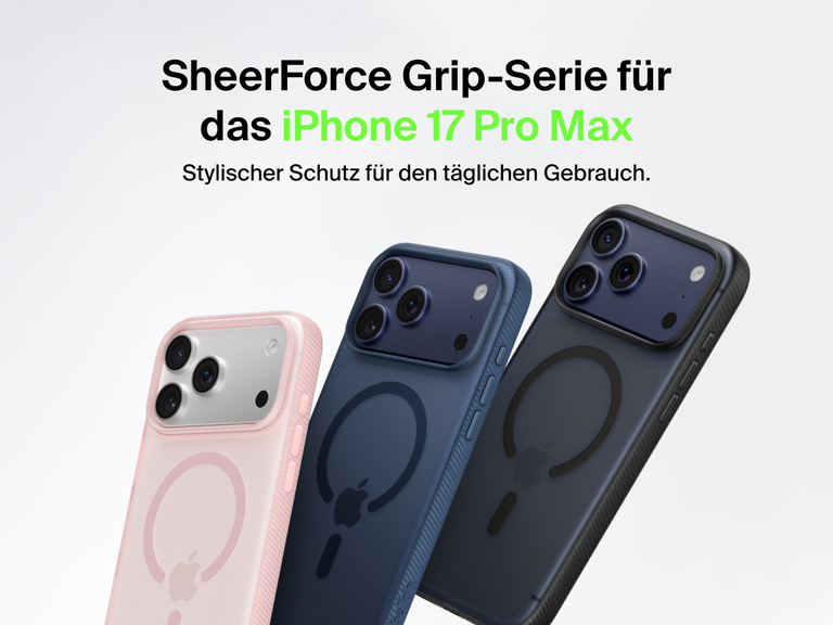 Belkin SheerForce Grip Series protective case for iPhone 17 shown in pink, clear, and black with slim design and MagSafe compatibility.