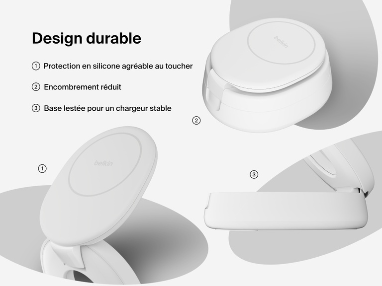 Belkin BoostCharge 2-in-1 Convertible Magnetic Charging Stand with Qi2 15W features soft-touch silicone, a space-saving foldable design, and a weighted base for added stability.