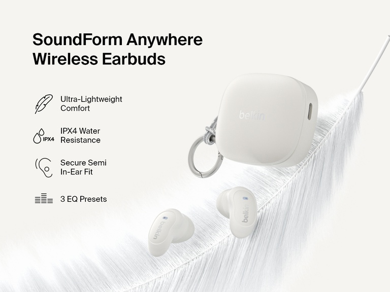 Belkin SoundForm Anywhere Wireless Earbuds with charging case shown on feather highlighting lightweight comfort, secure semi in-ear fit, IPX4 water resistance, and 3 EQ presets.