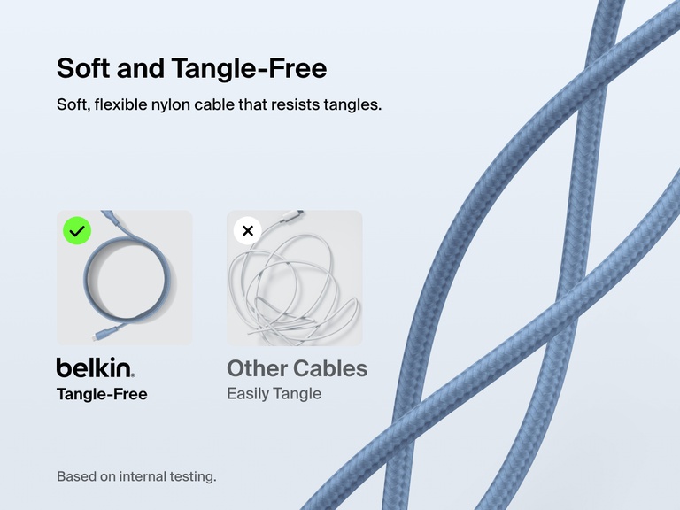 Belkin BoostCharge Pro Braided USB-C to USB-C Cable 60W features a soft, flexible nylon exterior designed to stay tangle-free and outperform standard cables in usability.