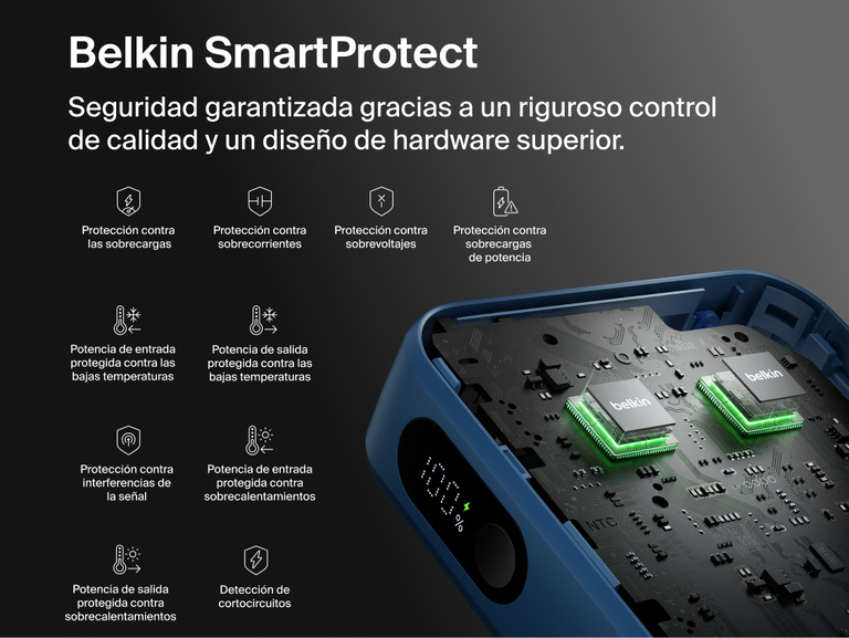 Belkin UltraCharge 10K power bank with integrated USB-C cable and digital display featuring SmartProtect safety system with multiple protection layers for reliable charging
