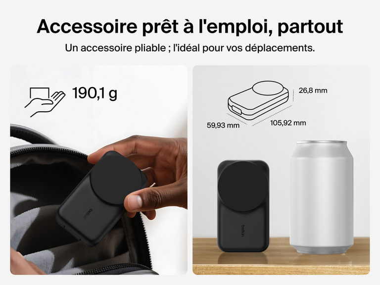 Socle de recharge 3-en-1 aimanté et pliable Belkin UltraCharge avec Qi2 (25 W) au design compact, idéal pour les déplacements, avec un poids de 189 g, parfait pour charger partout.