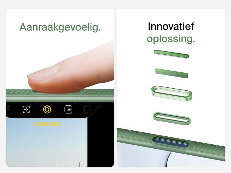 Belkin SheerForce Grip Series Case for iPhone 17 with MagSafe ring, raised edges, and floating tinted buttons for precision protection.