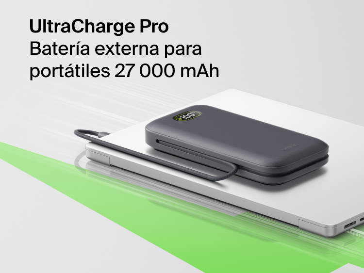 UltraCharge Pro Laptop Power Bank 27K portable charger with integrated cable and digital display resting on a laptop for high-capacity on-the-go charging