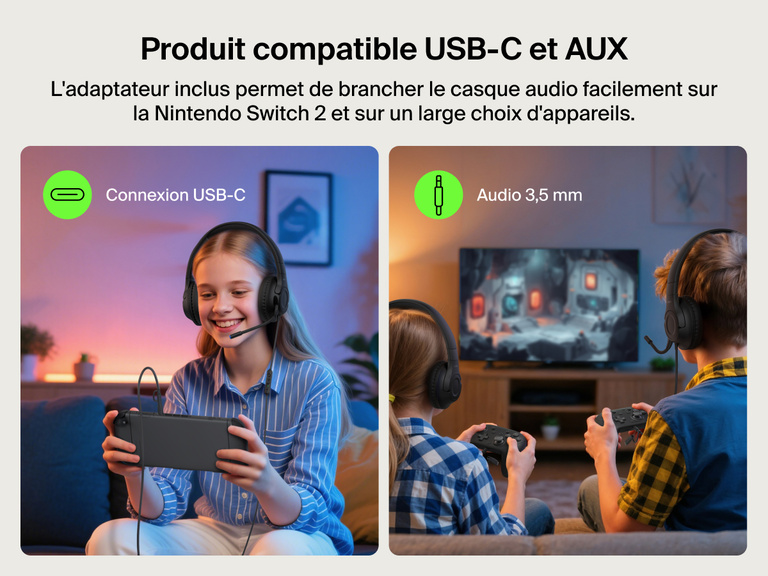 Image d'enfants utilisant un casque audio filaire Belkin Gaming Inspire pour enfants compatible Nintendo Switch 2 et qui met en avant la connexion double USB-C et 3,5 mm.