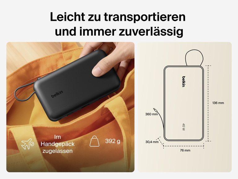 Belkin UltraCharge 20K 45W power bank with integrated cable designed for portable, TSA-approved travel with compact size and reliable on-the-go charging