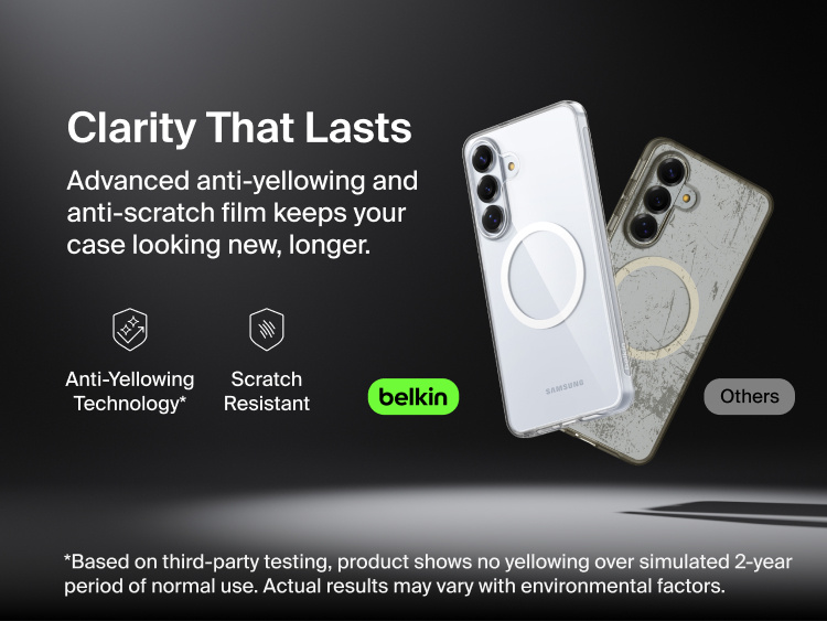 Belkin SheerForce Clear Series Case for Samsung Galaxy S26 shown alongside a comparison case, highlighting long-lasting clarity with anti-yellowing technology and scratch-resistant protection for everyday use.