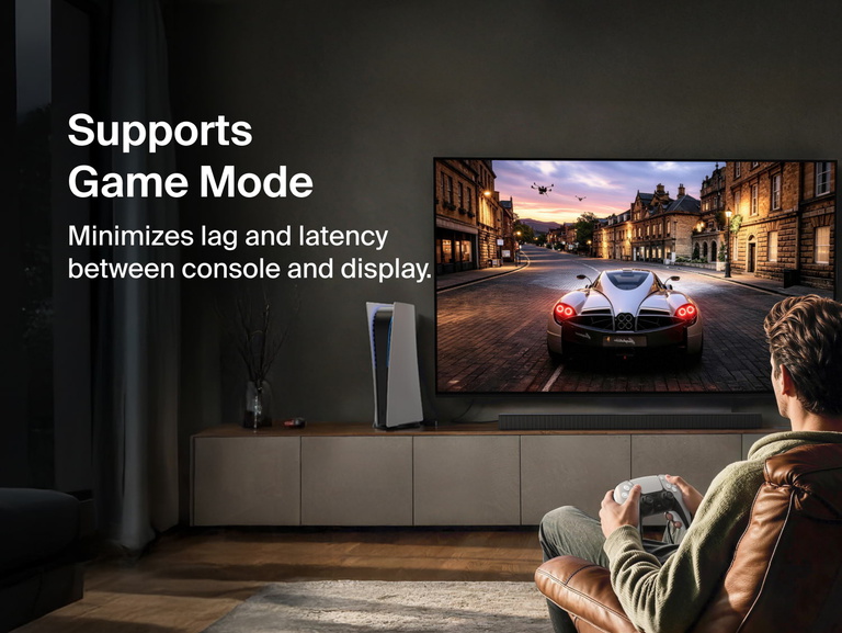Connect Premium High-Speed HDMI&reg; Cable (4K) shown against a dark background with on-image text Supports Game Mode, with callout noting it minimizes lag and latency between console and display