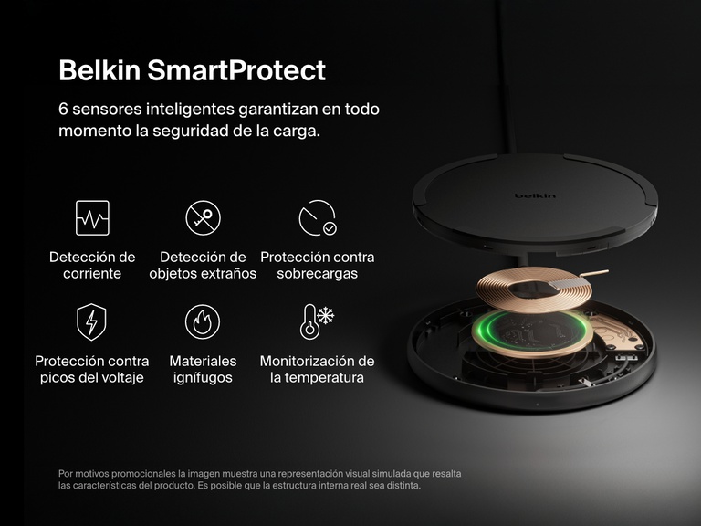 A black Belkin BoostCharge Wireless Charging Pad 15W is shown in an exploded view, highlighting its SmartProtect technology with six intelligent safety features: current detection, foreign object detection, overload protection, over-voltage protection, fire-resistant materials, and temperature monitoring.