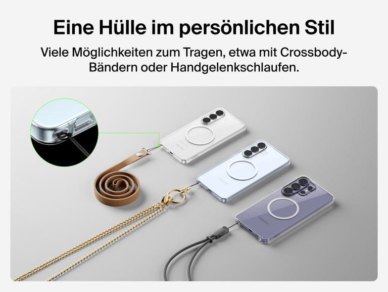 Belkin SheerForce Clear Series Case for Samsung Galaxy S26 shown with lanyard attachment point, compatible with crossbody and wristlet straps for customizable, hands-free phone carry.