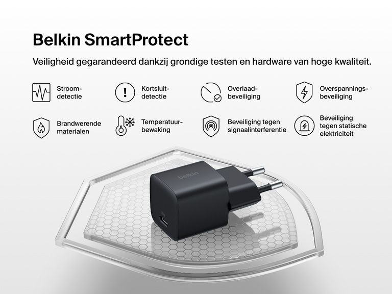 Belkin BoostCharge USB-C Wall Charger 25W shown with Belkin SmartProtect features, including over-voltage, surge, and short-circuit protection for enhanced charging safety.