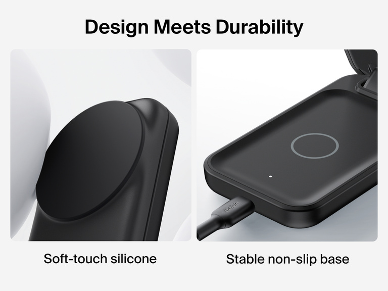 Belkin UltraCharge 3-in-1 Foldable Magnetic Charger with Qi2 25W features soft-touch silicone and a stable non-slip base for durable, secure wireless charging.