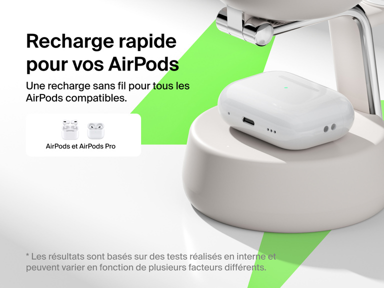 Station de recharge aimantée 3-en-1 Belkin UltraCharge Pro avec Qi2 (25 W) offrant une recharge sans fil rapide et fluide pour tous les modèles d’AirPods et AirPods Pro compatibles.