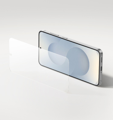 Smartphone positioned upright with a transparent screen protector floating in front of the display, illustrating anti-reflective coverage and easy installation.