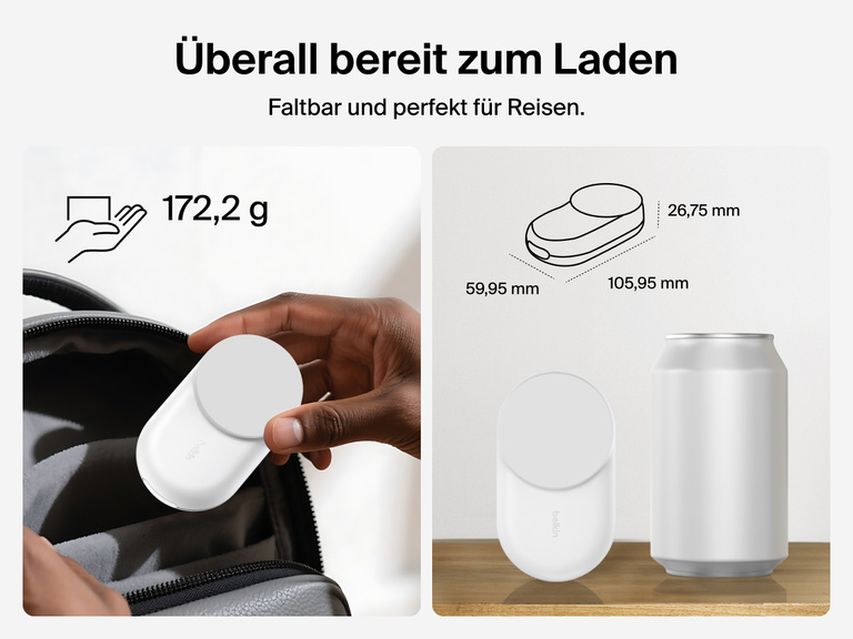 Dank Ihres kompakten Formats und leichten Gewichts von 190 g lässt sich die Belkin UltraCharge faltbare magnetische 3-in-1-Ladestation mit Qi2 25W bequem transportieren.