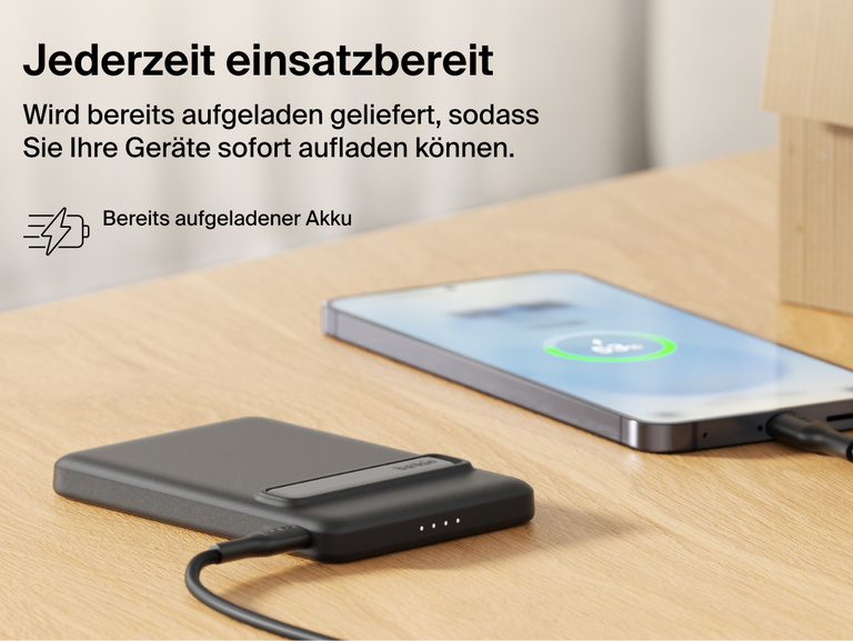 Belkin BoostCharge Slim Magnetic Power Bank 5K with Qi2 shown precharged and ready to deliver fast, portable wired or magnetic wireless charging straight out of the box.