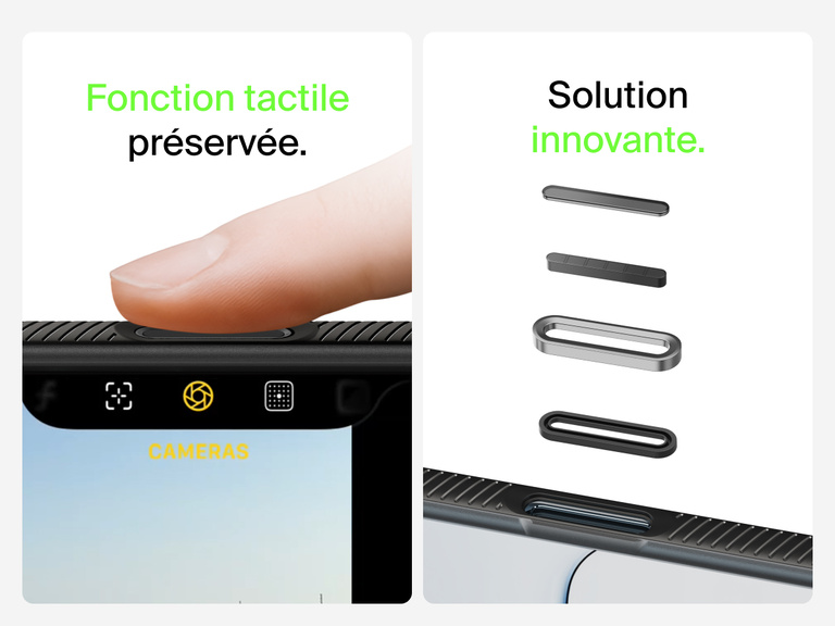 Belkin SheerForce Grip Series Case for iPhone 17 with MagSafe ring, raised edges, and floating tinted buttons for precision protection.