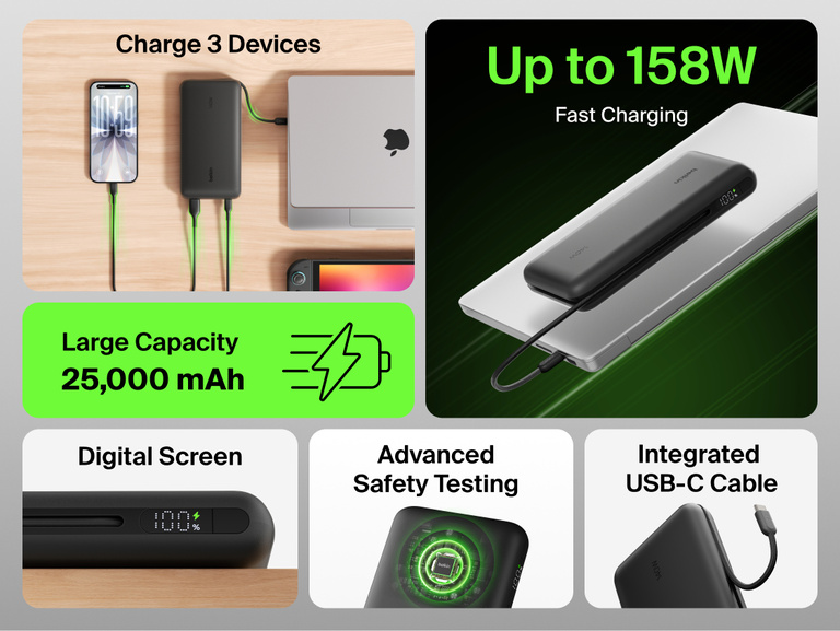 Belkin UltraCharge Pro Laptop Power Bank 25K charging multiple devices with integrated USB-C cable, 25,000 mAh capacity, up to 158W fast charging and digital display