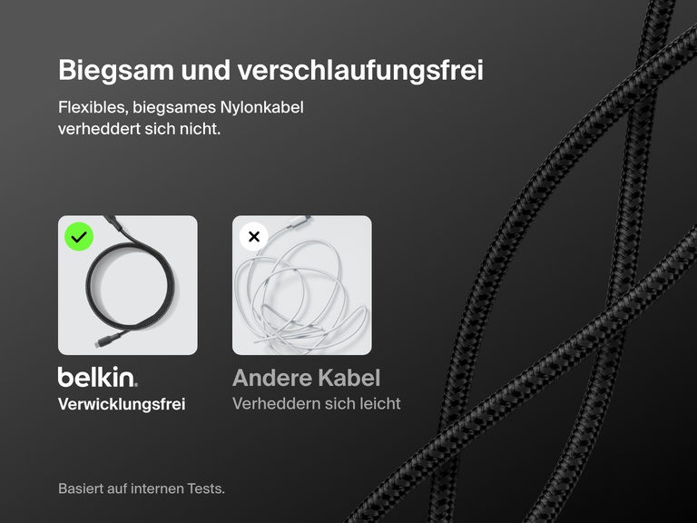 Belkin BoostCharge Pro USB-C to USB-C Braided Cable 240W shown with soft, flexible nylon design that resists tangling compared to standard cables.