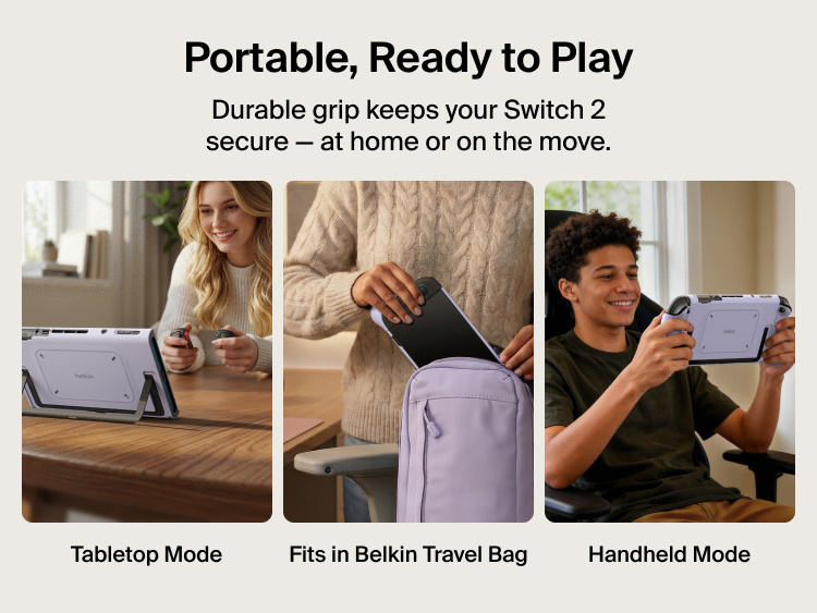Belkin Gaming Grip for Nintendo Switch 2 supports tabletop and handheld gaming while fitting securely inside a compatible travel bag.