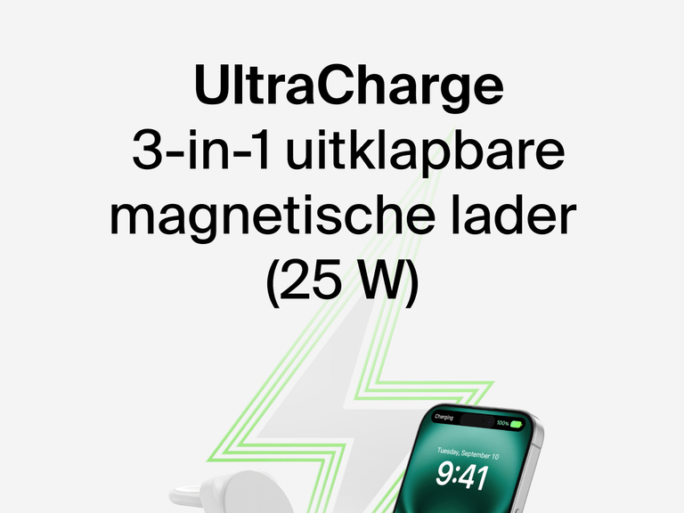 Afbeelding van de Belkin UltraCharge 3-in-1 uitklapbare magnetische lader met Qi2 25W die een iPhone oplaadt, met een groene bliksemschicht op de achtergrond.