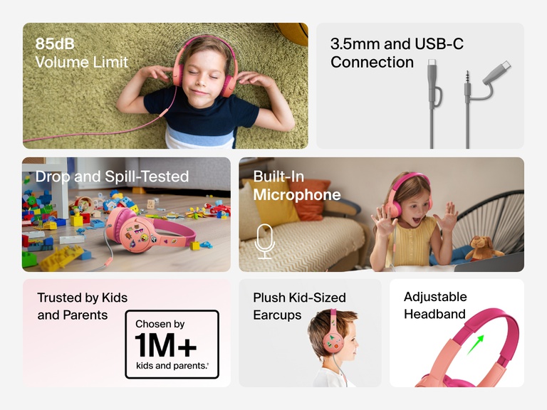 Collage of images highlighting key features of the Belkin Wired On-Ear Headphones for Kids, including an 85dB volume limit, USB-C and 3.5mm connection, built-in microphone, drop and spill resistance, plush kid-sized earcups, and adjustable headband.