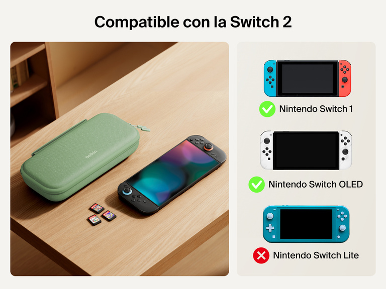 Belkin Gaming Charging Case shown next to Nintendo Switch 2 and game cards, with compatibility clearly marked for Switch 2 only—not compatible with Nintendo Switch 1, OLED, or Lite models.