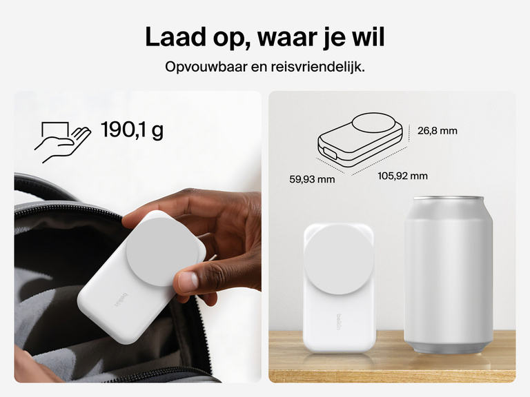 De Belkin UltraCharge 3-in-1 uitklapbare magnetische lader met Qi2 25W heeft een compact, reisvriendelijk ontwerp, weegt 190 gram en is gemakkelijk mee te nemen.