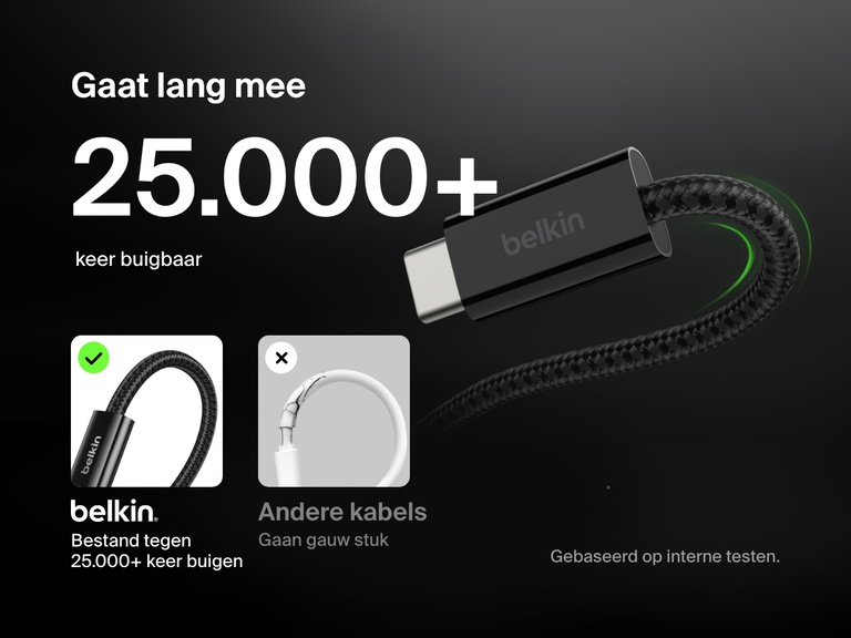 Afbeelding van de Belkin BoostCharge 15 W USB-A naar USB-C-kabel met de nadruk op het ultraduurzame gevlochten ontwerp dat bestand is tegen meer dan 25.000 keer buigen.