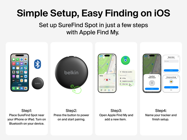 Four-step setup guide for pairing Belkin SureFind Spot with an iPhone or iPad and adding the tracker to Apple Find My.