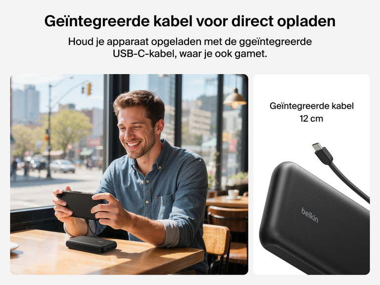 De Belkin Gaming 20.000mAh-powerbank (30 W) wordt geleverd met een vaste USB-C-kabel van 12 cm om je Nintendo Switch 2 direct op te laden, waar je ook aan het gamen bent.