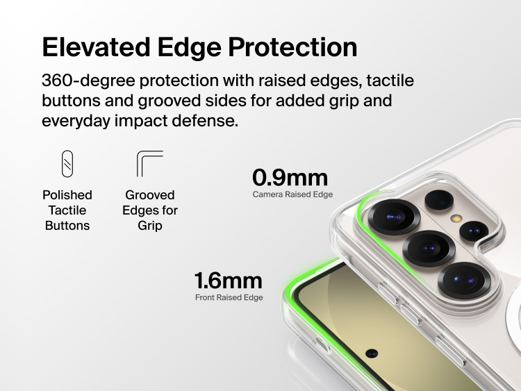 Belkin SheerForce Clear Series Case for Samsung Galaxy S26 shown with elevated edge protection, featuring raised front and camera edges, tactile buttons, and grooved sides for enhanced grip and impact protection.