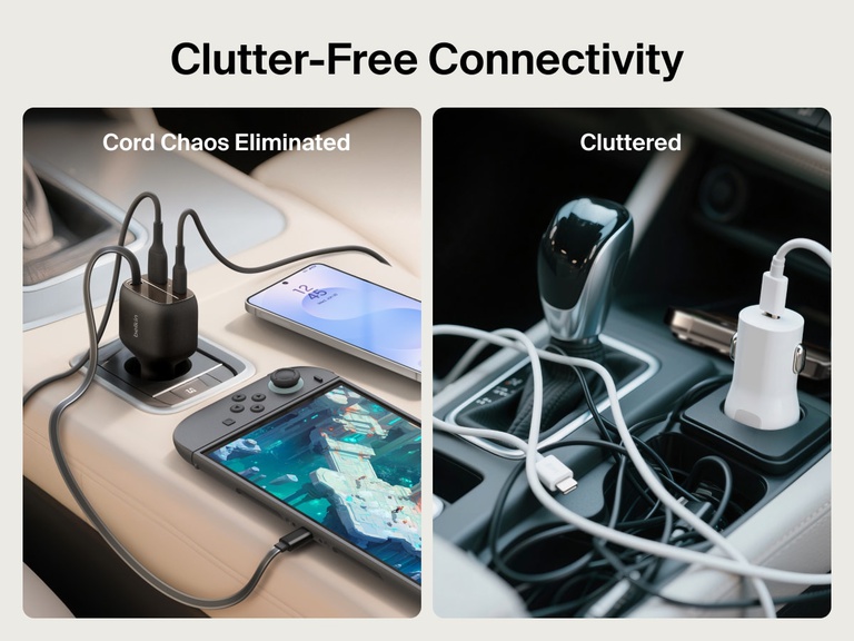 Image of the Belkin BoostCharge Retractable Car Charger 75W demonstrating clutter-free connectivity with organized cables compared to a tangled charging setup.