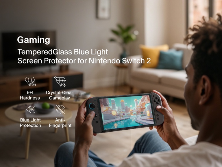 A person sits in a cozy living room playing a vibrant game on a Nintendo Switch 2. On the left, promotional text highlights features of the Belkin Gaming TemperedGlass Blue Light Screen Protector, including 9H hardness, crystal-clear gameplay, blue light protection, and anti-fingerprint properties. Icons visually reinforce each benefit.
