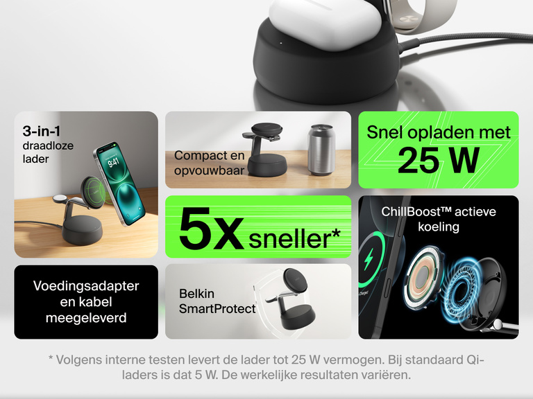 Het Belkin UltraCharge Pro 3-in-1 magnetische laadstation met Qi2 25W biedt draadloos opladen, ChillBoost™ actieve koeling en een compact, opvouwbaar ontwerp voor iPhone, Apple Watch en AirPods.