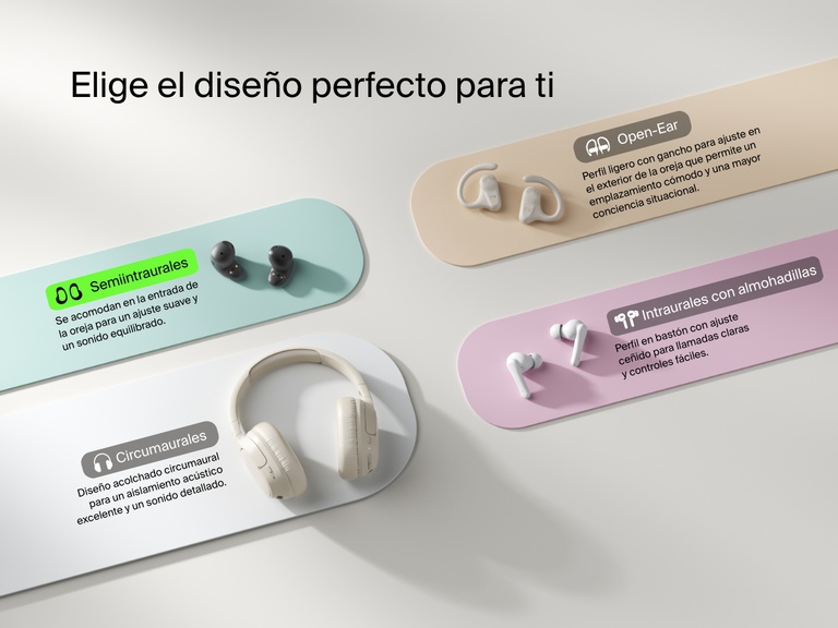 Belkin SoundForm Anywhere Wireless Earbuds shown as a semi in-ear fit option alongside open-ear, in-ear with eartips, and over-ear styles for the perfect fit.