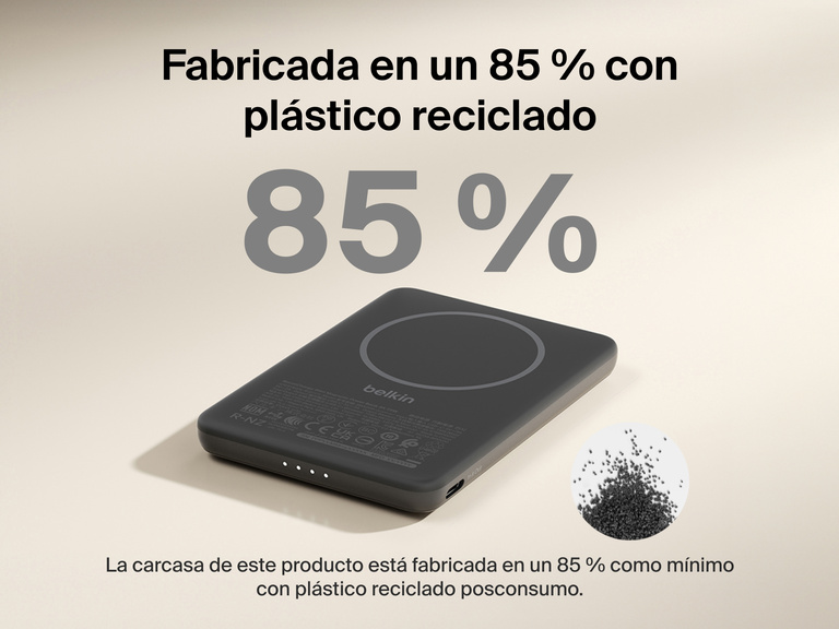 Belkin BoostCharge Slim Magnetic Power Bank 5K shown with text highlighting that its housing is made from 85% post-consumer recycled plastic for sustainable design.
