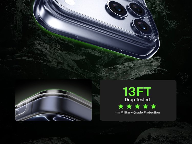 Belkin SheerForce Clear Series Case for iPhone 17 shown with 13-foot drop test and military-grade protection.