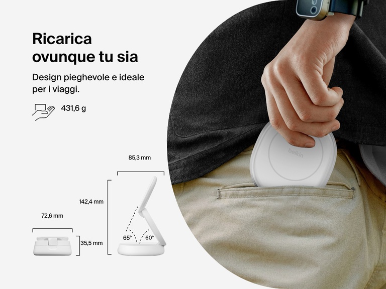 Belkin BoostCharge 2-in-1 Convertible Magnetic Charging Stand with Qi2 15W features a foldable, travel-friendly design that fits easily into a pocket for portable charging.