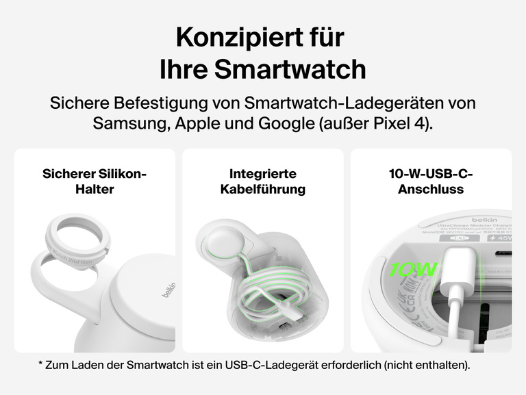 Die Belkin UltraCharge modulare Ladestation mit Qi2&nbsp;25W wird mit ihrem sicheren, passgenauen Smartwatch-Halter mit Silikonoberfl&auml;che, integriertem Kabelmanagement und 10-W-USB-C-Anschluss gezeigt, der zum flexiblen Laden mit kompatiblen Smartwatch-Ladeger&auml;ten von Apple, Google und Samsung dient.