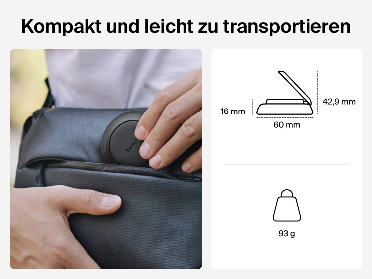 Belkin UltraCharge magnetisches Ladeger&auml;t mit Qi2 25W wird als kompaktes Zubeh&ouml;r f&uuml;r Reisen gezeigt, das bequem in eine Tasche passt. Abmessungen und leichtes Gewicht werden in einer Abbildung hervorgehoben.