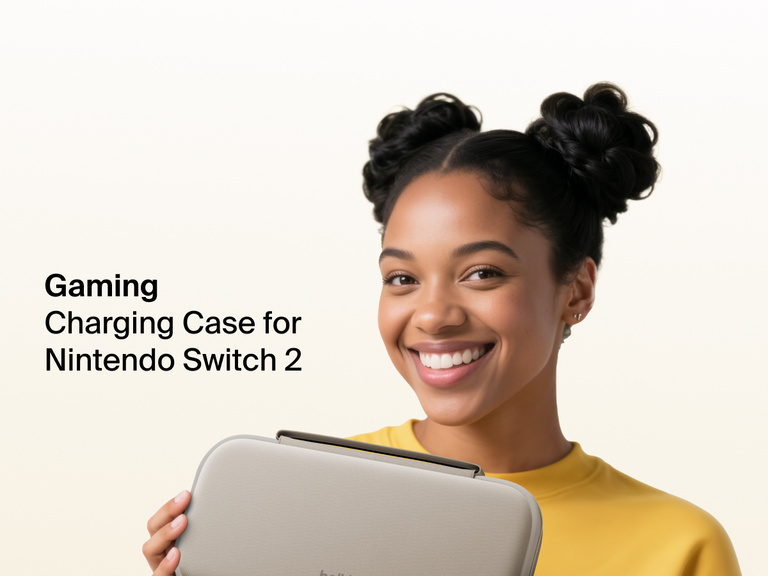 Smiling woman in a yellow shirt holds the Belkin Gaming Charging Case for Nintendo Switch 2, designed for portable protection and on-the-go charging.