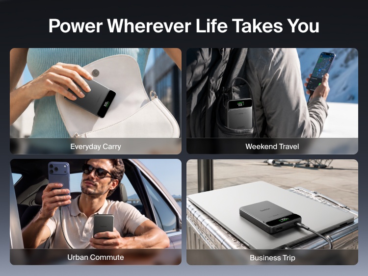 Belkin UltraCharge Pro Power Bank 10K with BoostSolid Cell shown for everyday carry, weekend travel, urban commuting and TSA-compliant business travel.