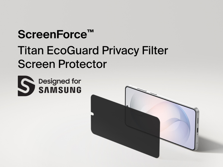 Belkin ScreenForce Titan EcoGuard Privacy Filter Screen Protector for Samsung Galaxy S26 shown aligned to a smartphone display, helping shield on-screen content from side views while protecting against scratches and everyday wear.
