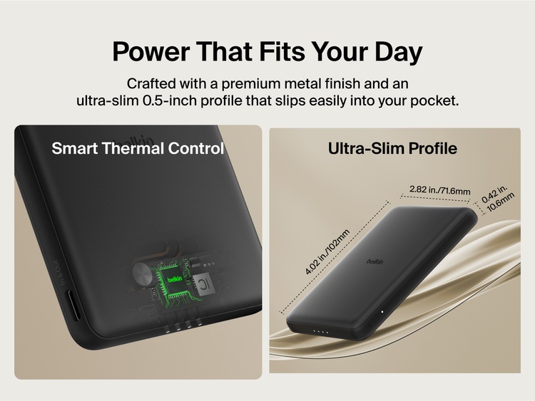 Belkin BoostCharge Slim Magnetic Power Bank 5K shown with smart thermal control and ultra-slim 0.5-inch profile designed for portable, pocket-friendly charging.