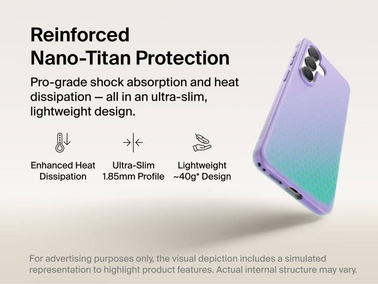 Belkin SheerForce Protect Series Case for Samsung Galaxy S26 featuring reinforced Nano-Titan protection, ultra-slim 1.85 mm profile, lightweight design, and enhanced shock absorption with heat dissipation.